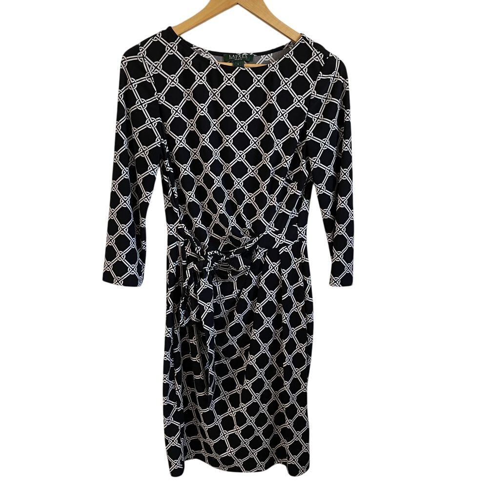 Lauren Ralph Lauren Black White Geometric Print Faux Wrap Dress Size 4 Old Money